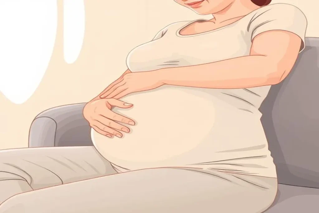 Pregnant woman experiencing tingling hands, massaging her wrist for relief from pregnancy-related discomfort
