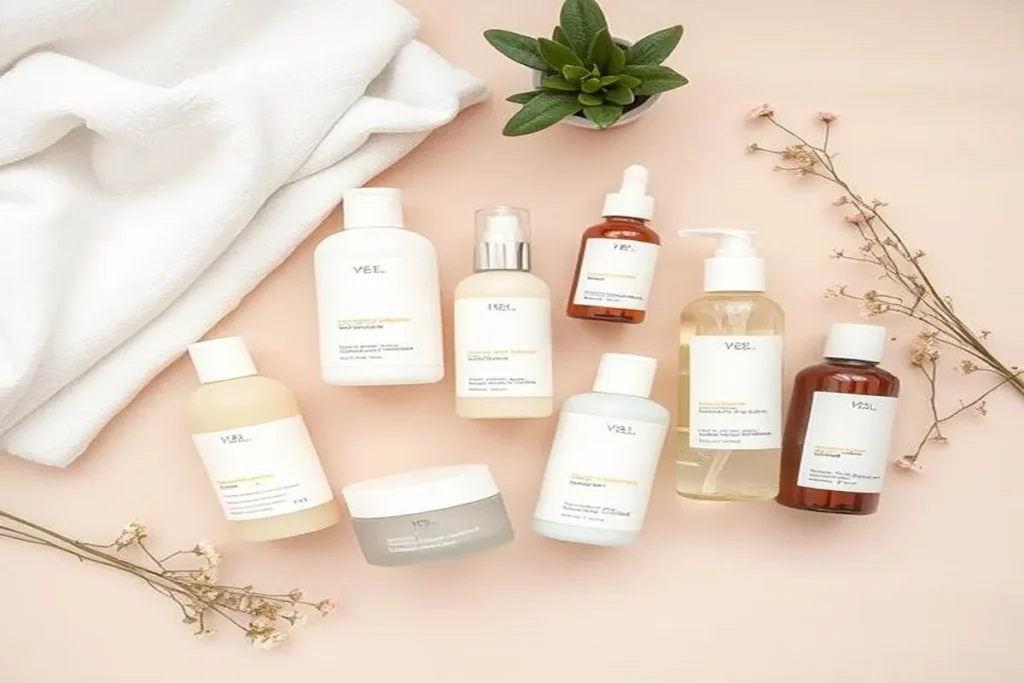 Hypoallergenic pregnancy skincare products including a gentle cleanser, moisturizer, toner, and sunscreen, perfect for sensitive skin during pregnancy