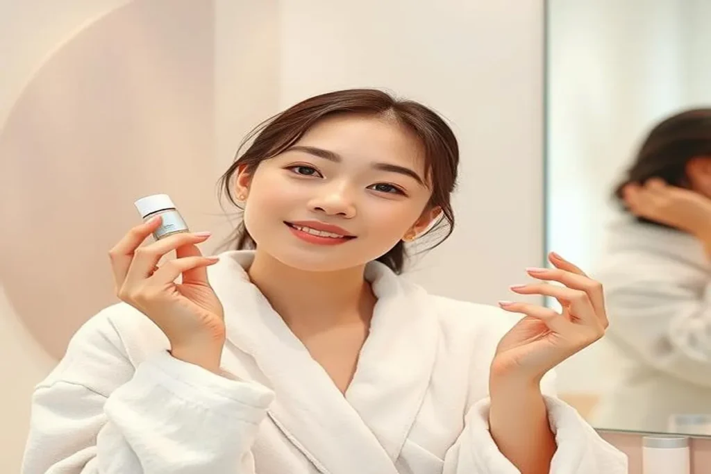 A young woman with glowing skin applying Korean skincare serum, demonstrating the 10-step Korean skincare routine for radiant, hydrated skin