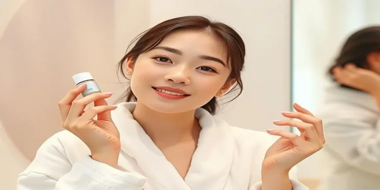 A young woman with glowing skin applying Korean skincare serum, demonstrating the 10-step Korean skincare routine for radiant, hydrated skin