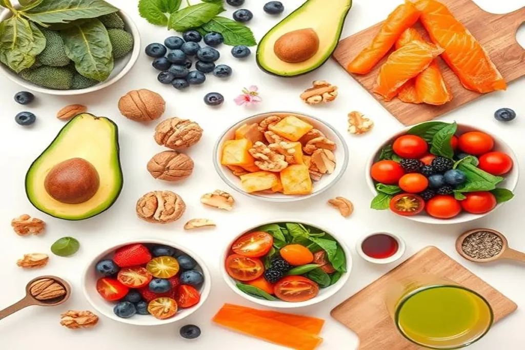 A flat lay of colorful foods like avocados, blueberries, walnuts, and spinach, showcasing top superfoods for healthy skin, including options for anti-aging and acne prevention