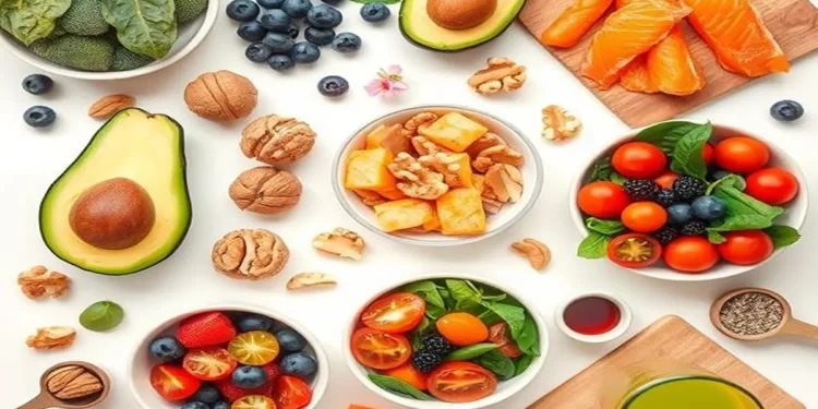 Top 10 Foods for Healthy Skin: Anti-Aging, Acne Prevention, and a Glowing Complexion 1 A flat lay of colorful foods like avocados, blueberries, walnuts, and spinach, showcasing top superfoods for healthy skin, including options for anti-aging and acne prevention