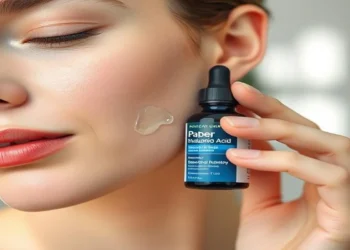 Applying lightweight Hyaluronic Acid serum to acne-prone, oily skin for hydration and clear complexion