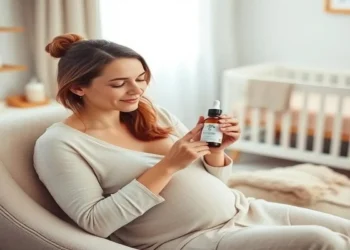 Breastfeeding mom applying Hyaluronic Acid serum to her face for glowing skin in a peaceful, cozy setting