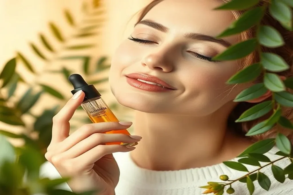 Bakuchiol serum applied to face for anti-aging benefits, with natural Bakuchiol plant and skincare ingredients