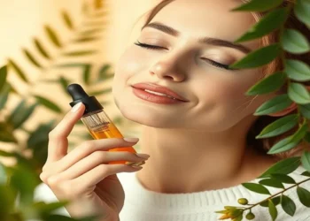 Bakuchiol serum applied to face for anti-aging benefits, with natural Bakuchiol plant and skincare ingredients