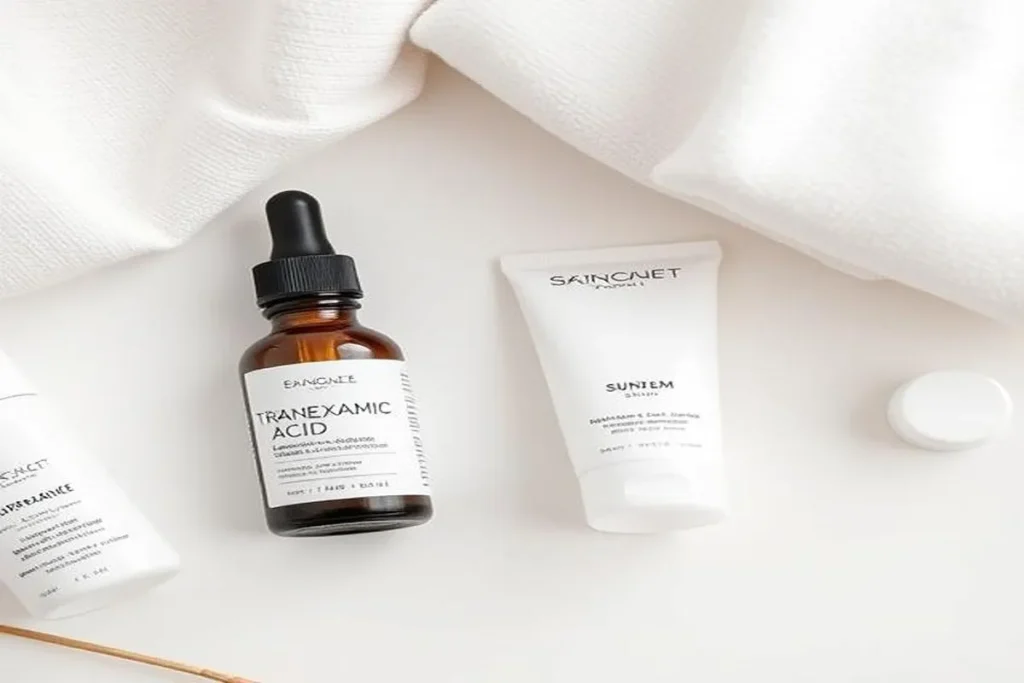 Tranexamic acid serum and skincare products for treating hyperpigmentation, dark spots, and acne scars