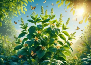 Ashwagandha plant showing its effects on hormones like cortisol, thyroid, testosterone, and estrogen in a wellness infographic