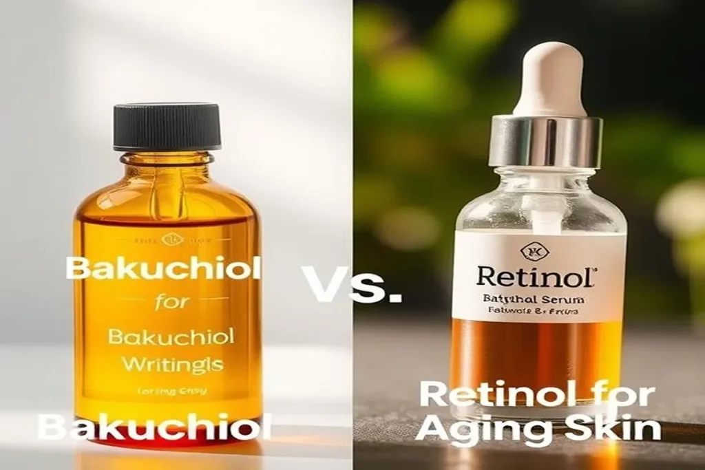 Comparison of Bakuchiol vs Retinol for aging skin with bottles of Bakuchiol oil and Retinol serum, symbolizing anti-aging benefits for wrinkles and fine lines