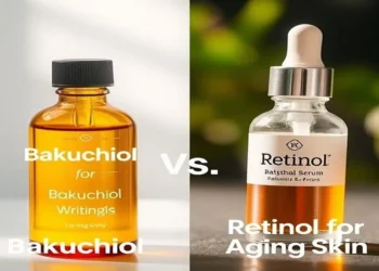 Comparison of Bakuchiol vs Retinol for aging skin with bottles of Bakuchiol oil and Retinol serum, symbolizing anti-aging benefits for wrinkles and fine lines