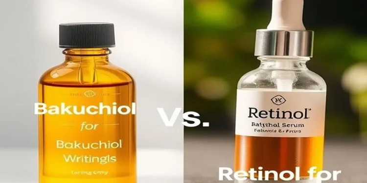 Comparison of Bakuchiol vs Retinol for aging skin with bottles of Bakuchiol oil and Retinol serum, symbolizing anti-aging benefits for wrinkles and fine lines